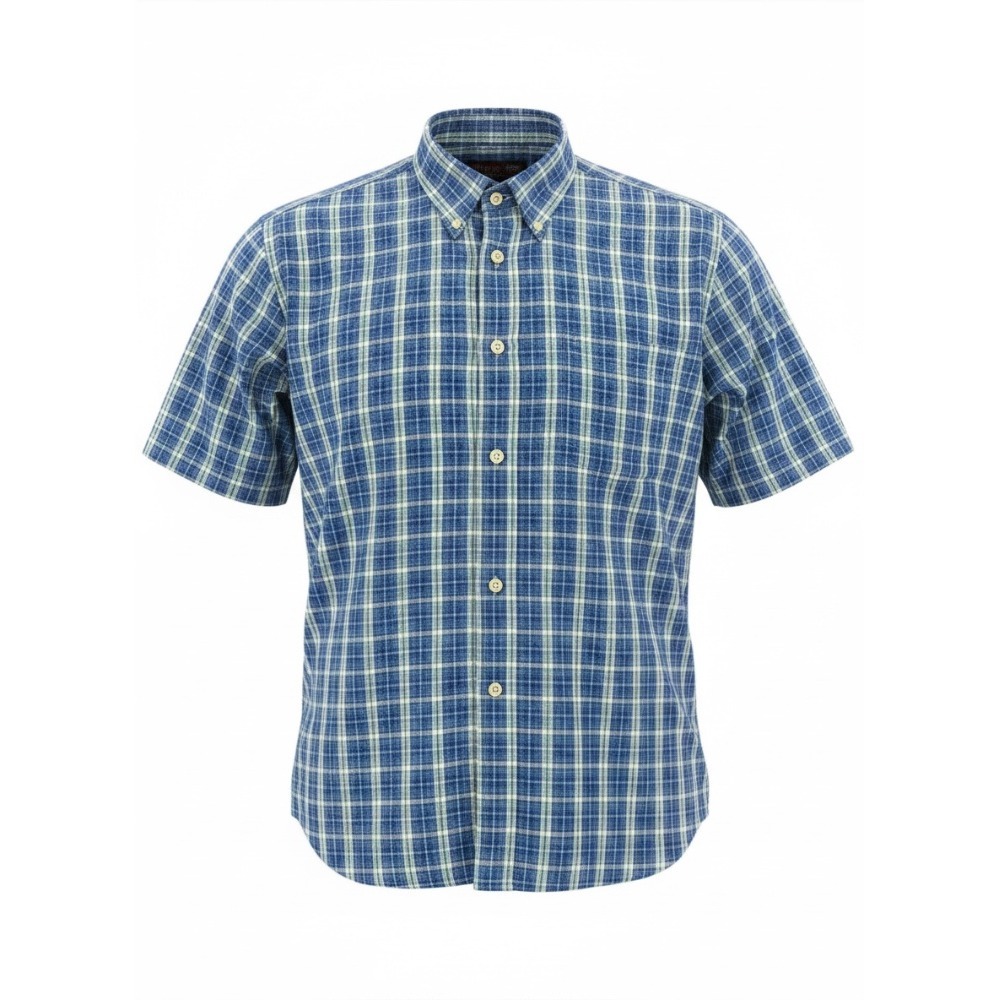 Burton Menswear Plaid Shirt Blue Green Cotton Short Sleeve Button Down Size XL